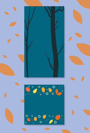 Set of  backgrounds with  autumn trees and random elements for social media networks. Templates for story and post with  decoration. Cards with empty space for text. Vector illustration.のイラスト素材