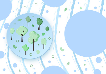 Trees composition with circles background. Flat green trees and leaves with decorations design. Template with empty space for text for card, banner, social media network. Vector illustration.のイラスト素材