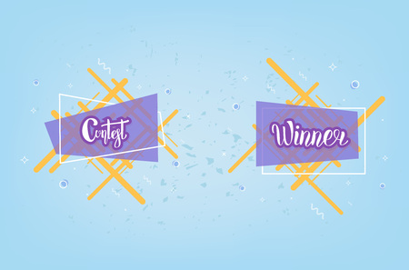 Contest and Winner card with geometric creative composition for social media network. Set of handwritten stickers lettering with decoration. Vector illustration.のイラスト素材