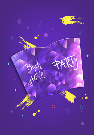 Back to school party banner. Flyer with shine book decoration. Education event covers with lettering. Template for season promotion cards, invitation and social media. Vector illustration.のイラスト素材