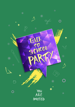 Back to school party banner. Flyer with shine speech bubble. Education event covers with lettering. Template for season promotion cards, invitation and social media. Vector illustration.のイラスト素材