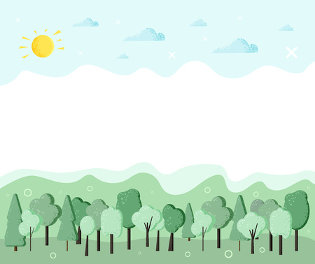 Summer  day composition background. Flat green trees, clouds and sun with decorations design. Template for card, banner, social media network. Vector illustration.のイラスト素材