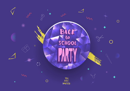 Back to school party banner. Flyer with shine round badge and decoration. Education event covers with lettering. Template for season promotion cards, invitation and social media. Vector illustration.のイラスト素材