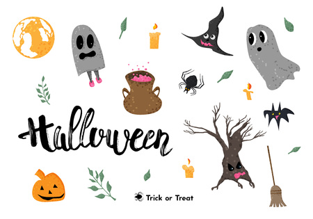 Set of Halloween objects and characters and handwritten lettering isolated. Elements for poster, card flyer, social media and holiday design. Vector illustration.のイラスト素材