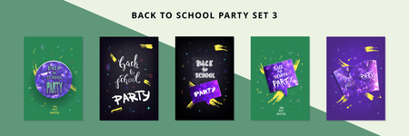 Set of Back to school party banners. Flyers with shine decoration. Education event covers with lettering. Templates for season promotion cards, invitation and social media. Vector illustration.のイラスト素材