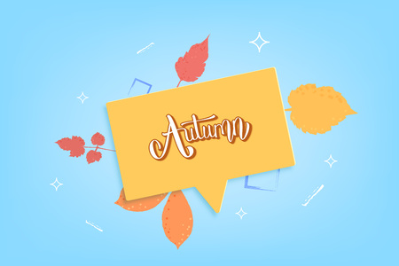 Autumn quote. Handwritten lettering with speech bubble and leaves decoration. Template for season design. Vector illustration.のイラスト素材
