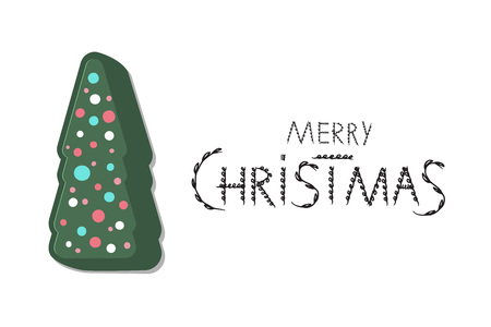 Merry Christmas brush handwritten lettering with decotated tree. Creative text with decoration for holiday design cards and banners. Vector illustration.のイラスト素材