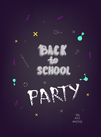 Back to school party banner. Vertical flyer with chalk lettering. Vector illustration.のイラスト素材