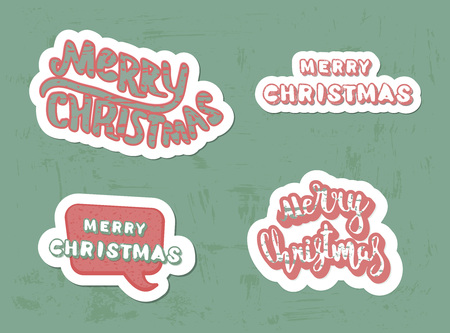 Set of Merry Christmas handwritten lettering stickers. Creative text collection with texture for holiday design cards and banners. Vector illustration.のイラスト素材