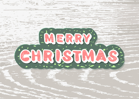 Merry Christmas sticker on wood textured background. Handwritten lettering for holiday design. Vector illustration.のイラスト素材