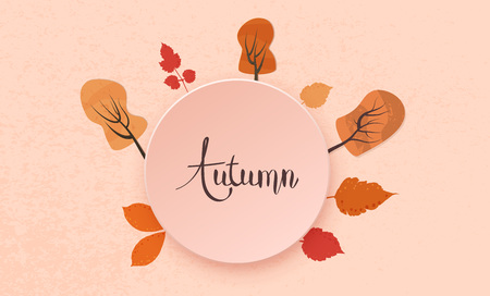 Autumn template on textured background. Handwritten lettering with round badge and trees and leaves decoration. Elements for season design. Vector illustration.のイラスト素材