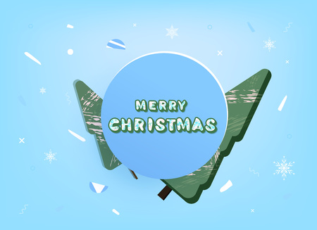 Merry Christmas composition with round button and decorated trees. Handwritten  lettering for holiday design. Vector illustration.のイラスト素材