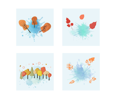 Vector set of autumn backrounds with watercolor splash blots and autumn trees, leaves. Templates for season design.のイラスト素材