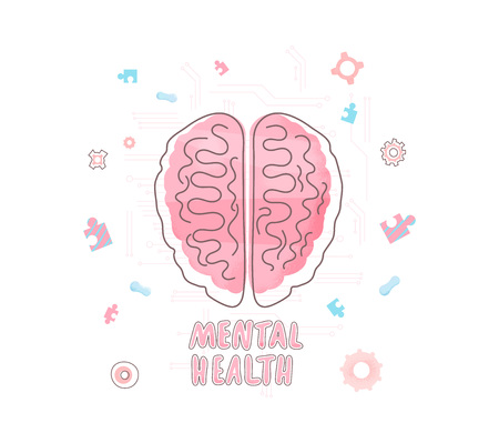 Mental health. Vector human brain with lettering and decoration.のイラスト素材