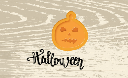 Happy Halloween template with  hand lettering, pumpkin paper cut shape and wood textured background.のイラスト素材