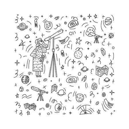 Vector design of astronomer and astronomic objects.のイラスト素材