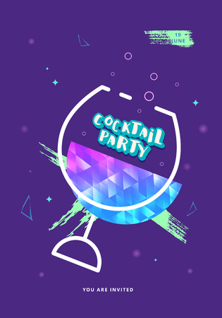 Cocktail party sroty social media post template. Holiday banner with shine decoration and creative lettering. Event invitation ultra violet flyer. Vector illustration.のイラスト素材
