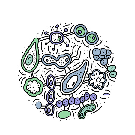 Bacteria cells set. Microorganism collection round composition. Vector doodle style objects isolate on white background.のイラスト素材