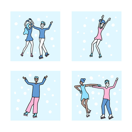 Figure skating square composition. Single skaters and pairs with snow in doodle style. Vector illustration.のイラスト素材