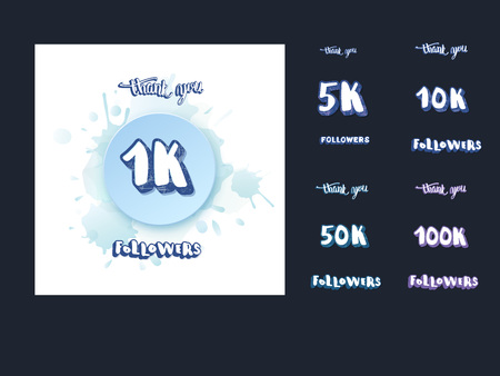 Set of  social media template and elements. Banner and lettering for internet networks.  1K,  5K, 10K, 50K, 100K followers thank you congratulation posts. Vector illustration.のイラスト素材