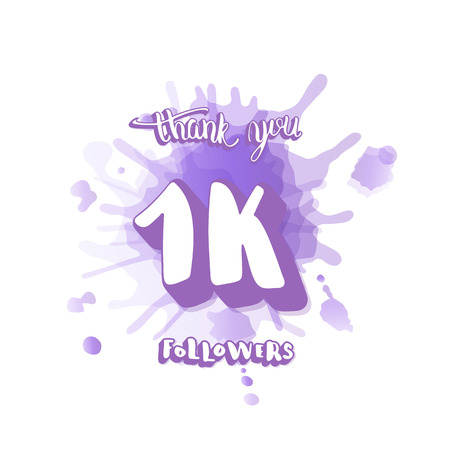 1k followers thank you social media template. Banner for internet networks with creative typography and watercolor splash.  1000 subscribers congratulation post. Vector illustration.のイラスト素材