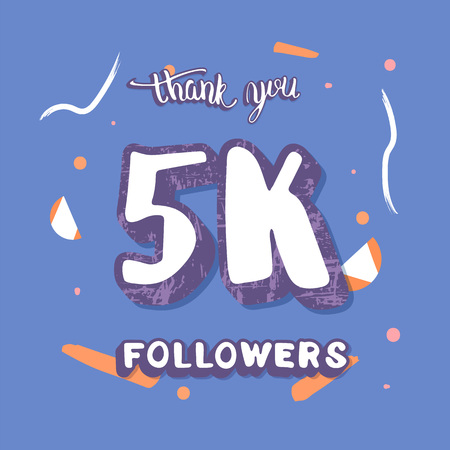 5k followers thank you social media template. Flat blue banner for internet networks with decoration. 5000 subscribers congratulation post. Vector illustration.のイラスト素材