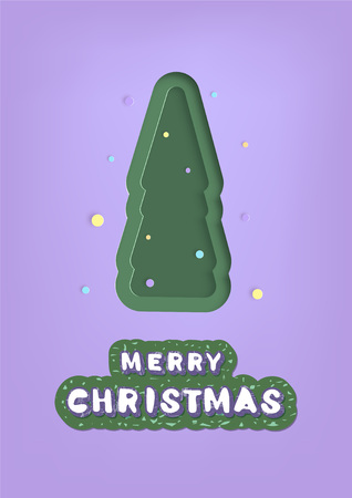 Merry Christmas template. Handwritten lettering with  decotated paper cut tree. Creative text with decoration for holiday design  banners. Element for invitation and social media. Vector illustration.のイラスト素材