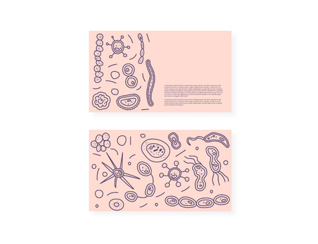 Business cards with bacterias cells. Microorganism collection. Vector doodle style composition.のイラスト素材