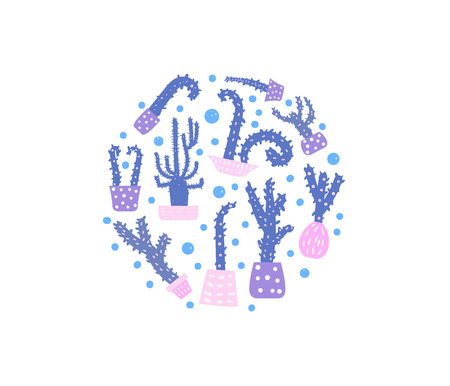 Vector cactus design round set.  Houseplant composition in doodle style.のイラスト素材