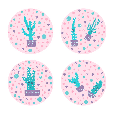 Vector cute cactus design set of round badges. Hand drawn style houseplant circle compositions.のイラスト素材