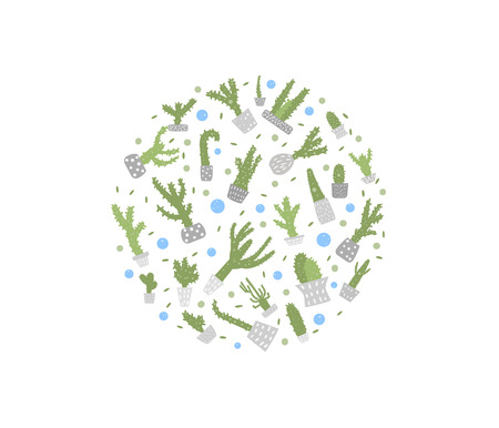 Vector cactus design set.  Houseplant round composition in doodle style.のイラスト素材