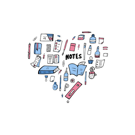 Heart shape badge of school things. Set of vector office supplies. Collection of stationery in doodle style.のイラスト素材