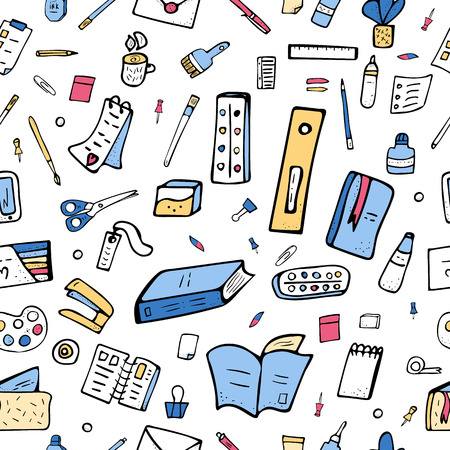 Seamless pattern of vector office supplies. Collection of stationery in doodle style endless background.のイラスト素材