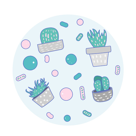 Vector cactus design badge.  Houseplant round composition in doodle style.のイラスト素材