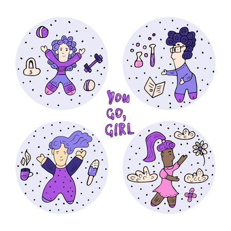 Vector set of round illustrations of girl power. Circle compositions in doodle style with different female characters.のイラスト素材