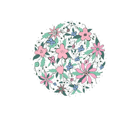 Wild flowers and leaves round badge. Doodle style circle composition isolated on white background.  Vector ilustration.のイラスト素材