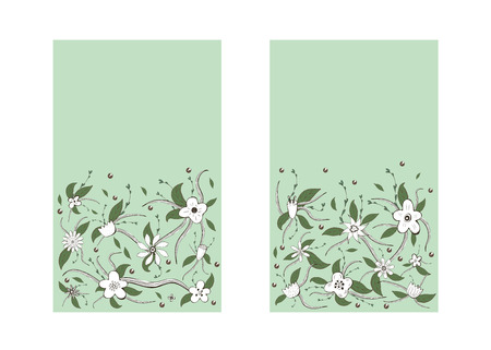 Wild flowers and leaves templates set.  Doodle style backgrounds with space for text. Vector ilustration.のイラスト素材