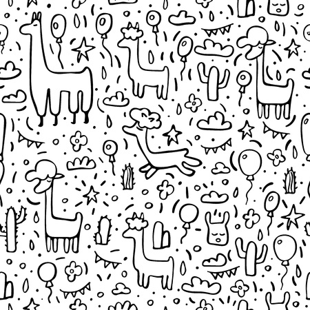 Seamless pattern of lama. Endless background in doodle style. Vector illustration.のイラスト素材