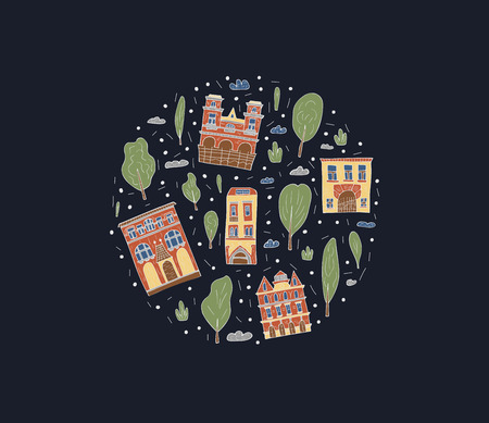 Round badge of vector houses, trees and clouds. Circle composition in doodle style on dark background.のイラスト素材