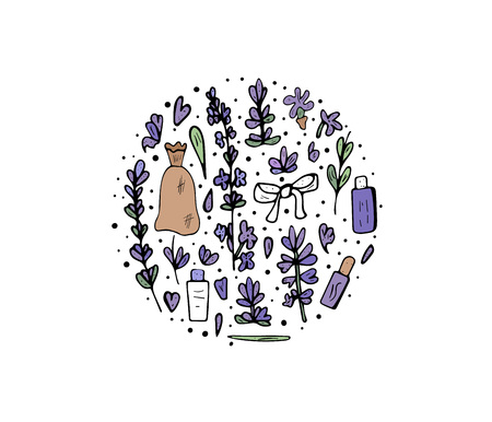 Lavender round set composition in doodle style. Circle concept of flowers and spa elements isolated on white background. Vector illustration.のイラスト素材