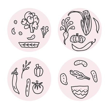Set of vector round badges of vegetables. Collection of veg in doodle style isolated on white background.のイラスト素材