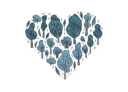 Heart concept of trees and bushes.  Composition for card, banner, social media network. Vector illustration of doodle  style elements.のイラスト素材