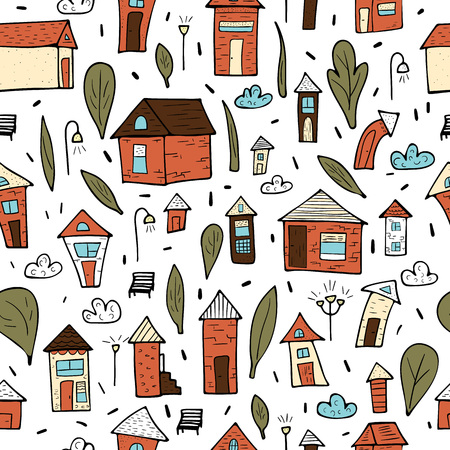 Seamless pattern of vector houses, trees and clouds. Endless background in doodle style.のイラスト素材