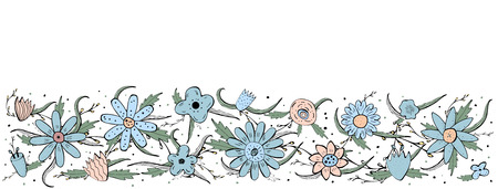 Wild flowers and leaves social media banner template.  Hand drawn style background.  Vector ilustration.のイラスト素材