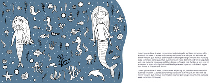 Template of banners of mermaid and sea set in doodle style. Vector illustration.のイラスト素材