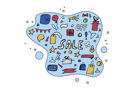 Set of sale objects for promotion banners. Collection promo items in doodle style. Vector illustration.のイラスト素材