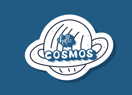 Vector quote of Hello Cosmos with decoration. Handwritten lettering with planet sticker.のイラスト素材