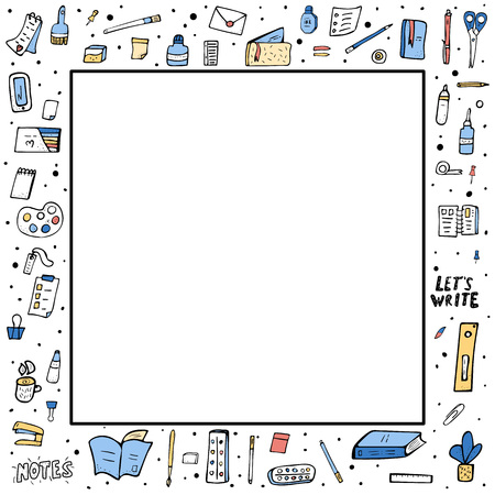 Square frame of vector office supplies. Collection of stationery in doodle style.のイラスト素材