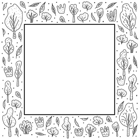 Frame with  trees and bushes.  Square border for card, banner, social media network. Vector illustration of doodle  style elements.のイラスト素材