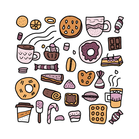 Vector set of desserts. Square composition of cookies, sweets cakes, donuts, candy and others snacks in doodle style isolated on white background.のイラスト素材
